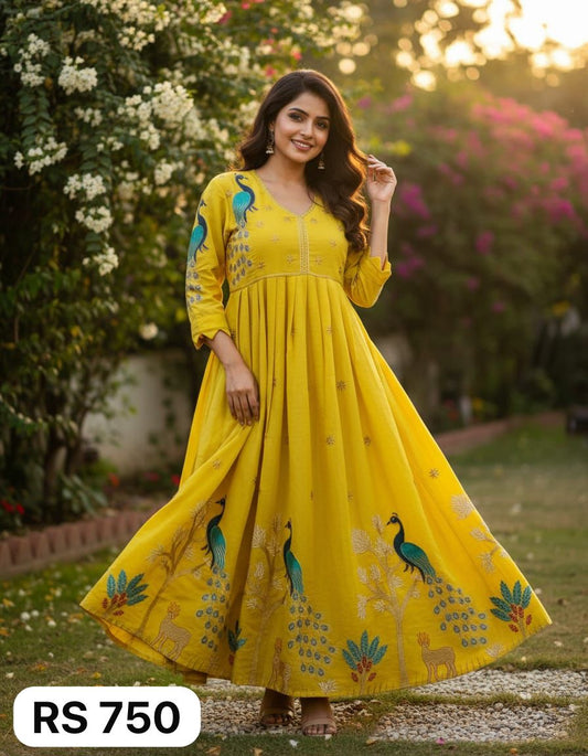 Peacock Print Full-Length Umbrella Kurti