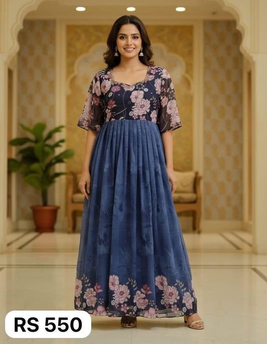 Floral Handwork Umbrella Kurti – Navy Blue