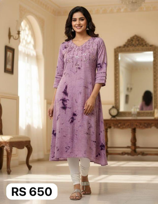Handwork A-Line Kurti – Lavender Tie-Dye