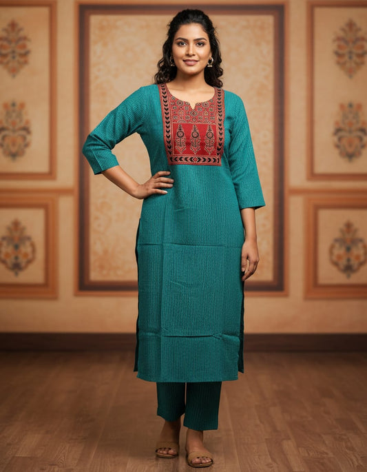 Ajrakh Essence Cotton Kurti – Teal Green