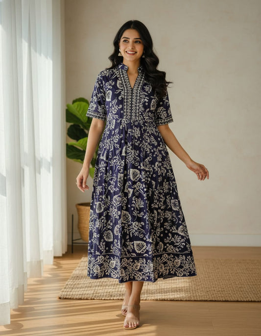 Violet Cotton Full-Length Umbrella Top with V-Neck