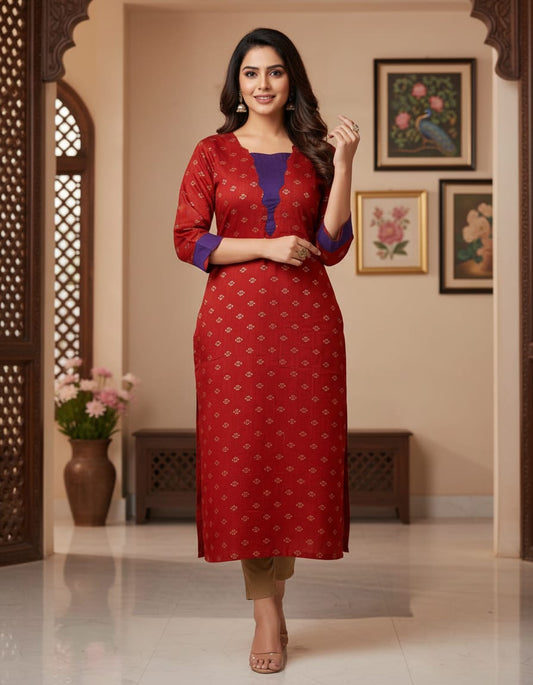 Red with Purple Raw Silk Kurti