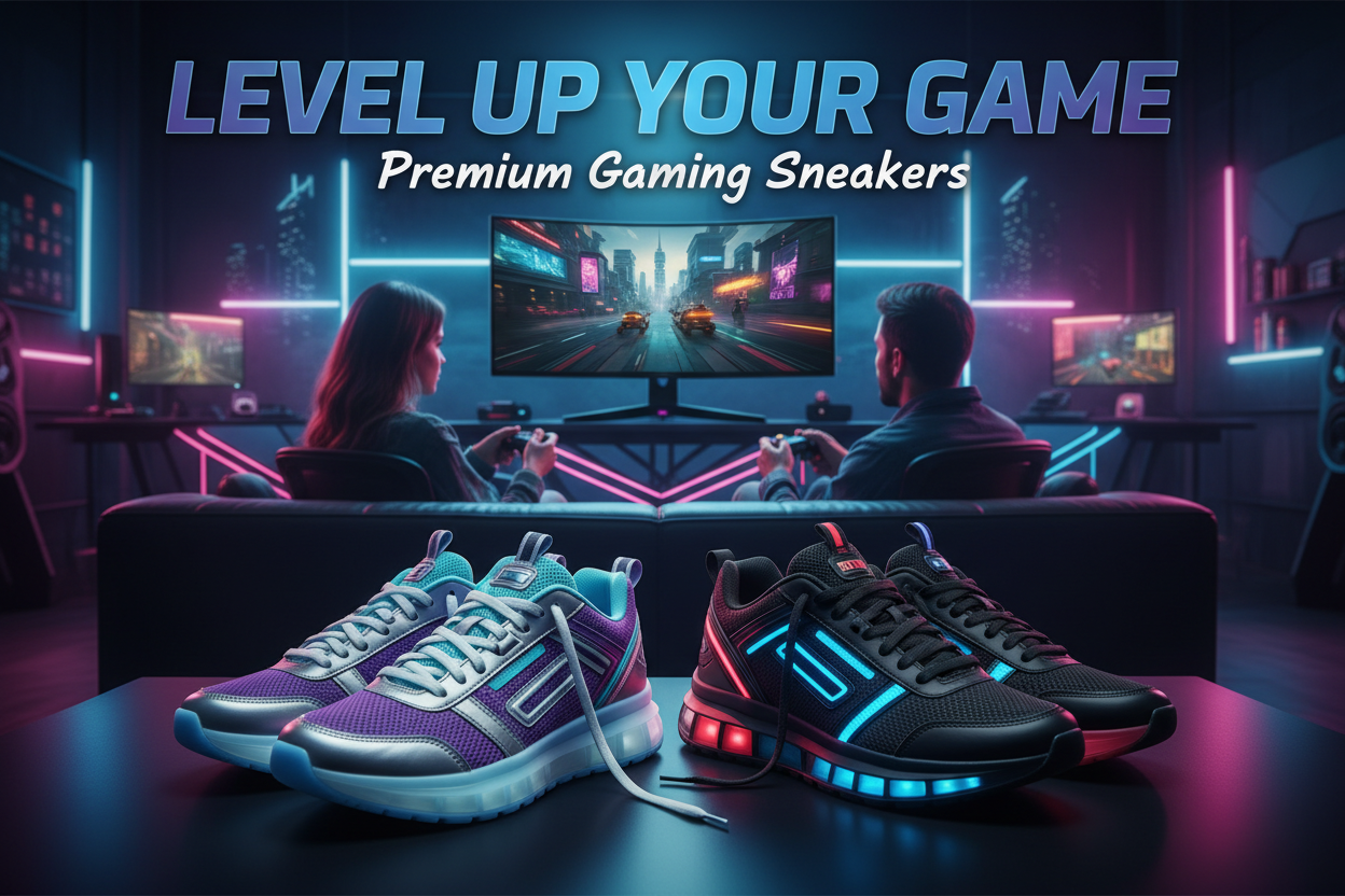 generate image for the hro banner section - it is for the sneakers - a man and women both are wearing the sneakers and gaming - focus te sneakers and give the related text 