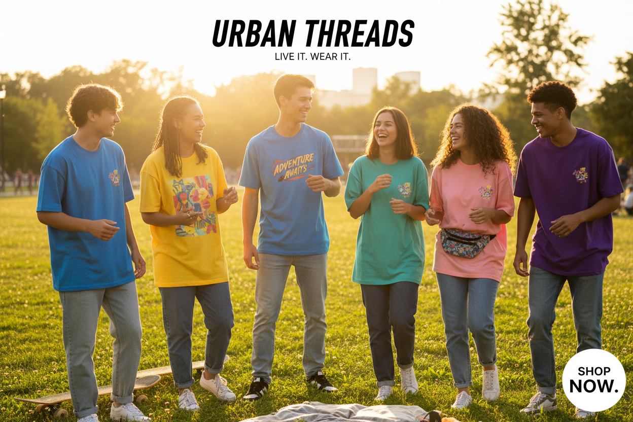 need clothing store banner - a group af boys and gas wearing the oversized t-sirt with jeans pant and enjying the sunny 